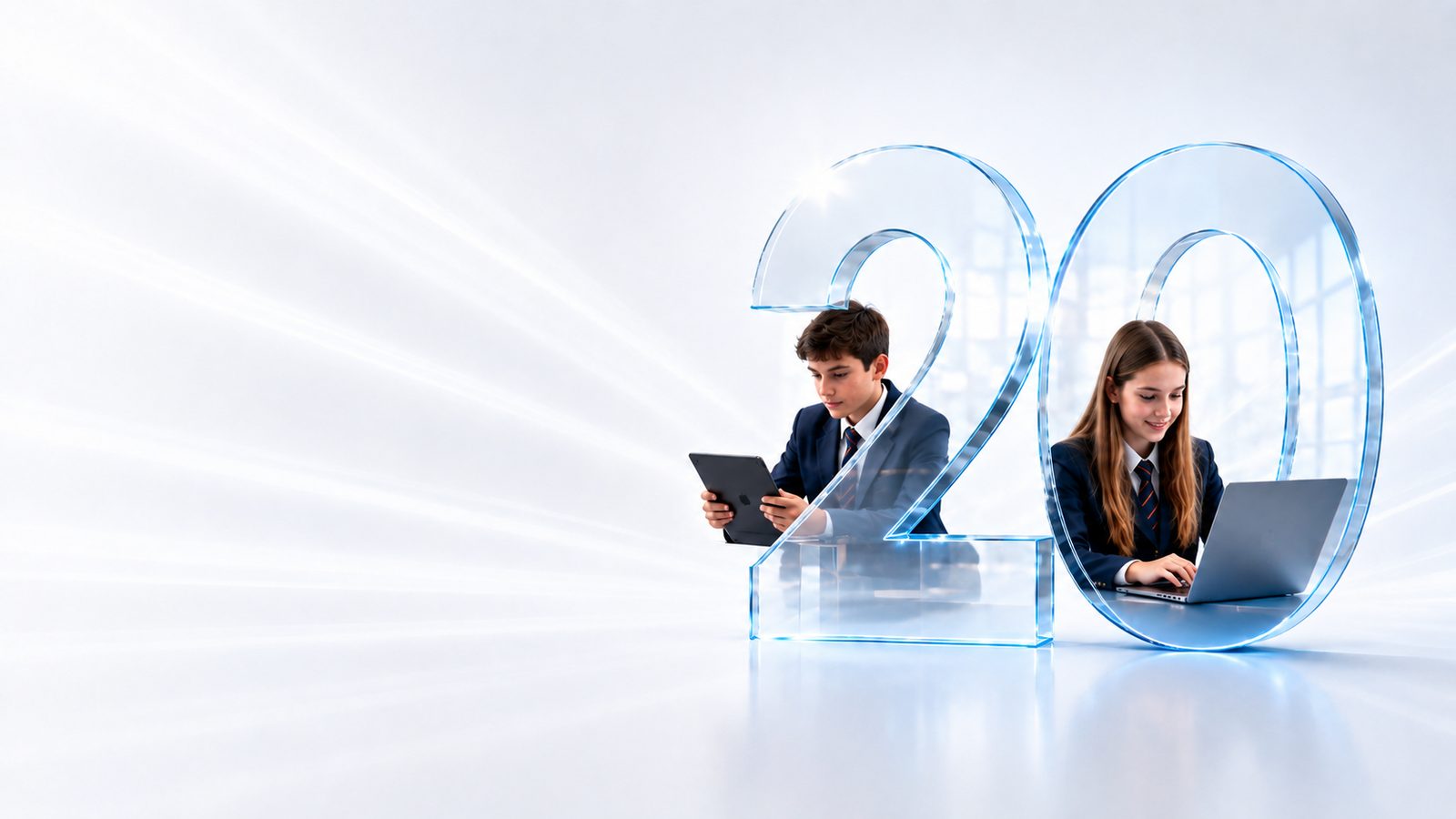 Two pupils working on a tablet and a laptop beside a glass sculpture of the number 20